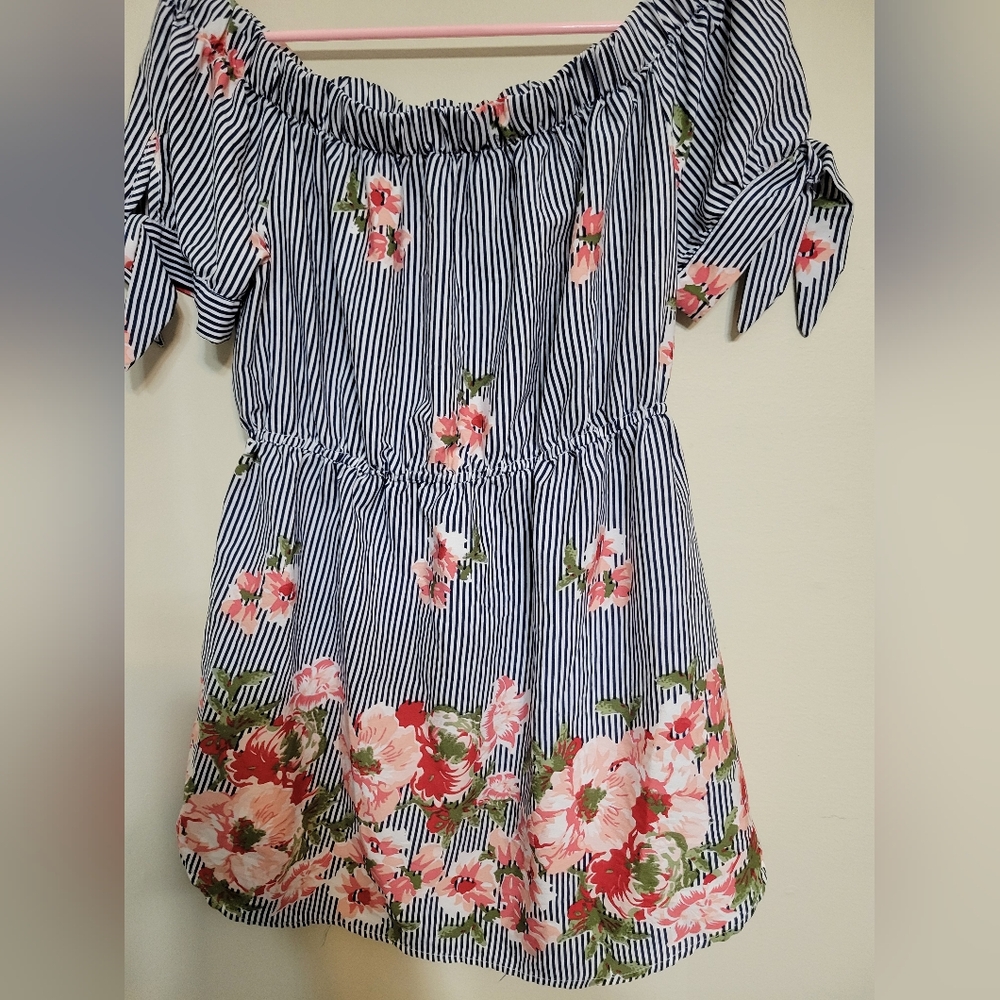 Blush Navy Floral Striped Off-Shoulder Dress